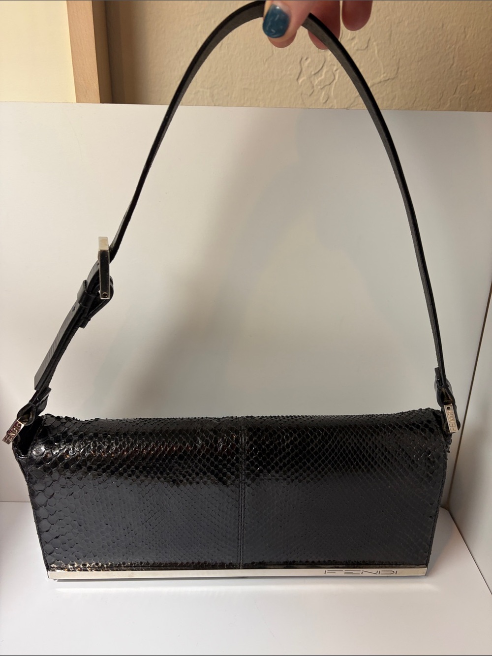 Vintage 90s Fendi Black Python-Effect Shoulder Clutch with Silver Trim Bar